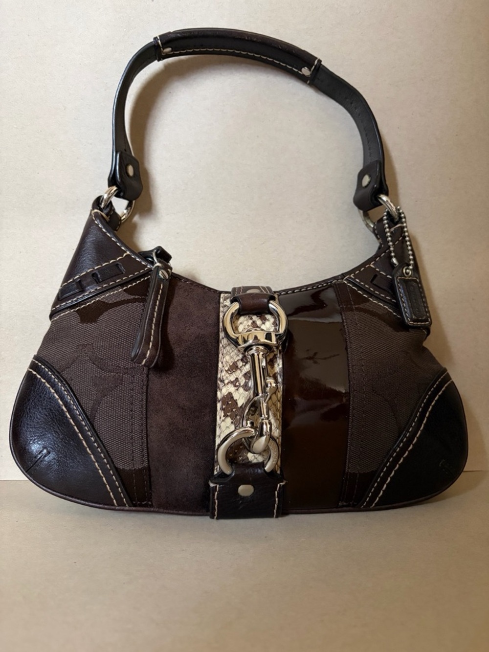 Coach Soho Signature Buckle Demi Bag Brown Canvas Leather Python + Dust Bag